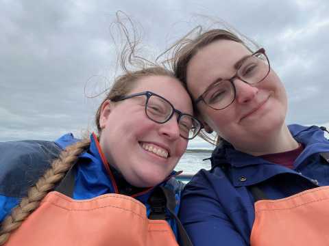On a lobster boat in Portland, Maine (Kathryn successfully pulled up a lobster!)